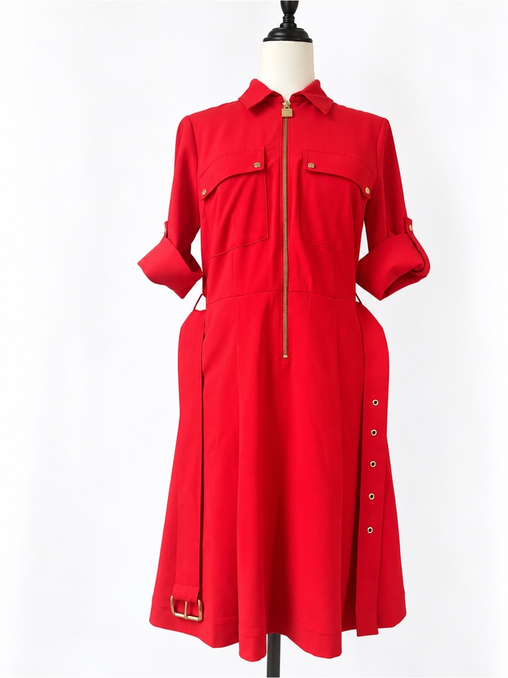 Michael Kors Red Zip-Front Belted Shirtdress Size S MB98XGHG06
